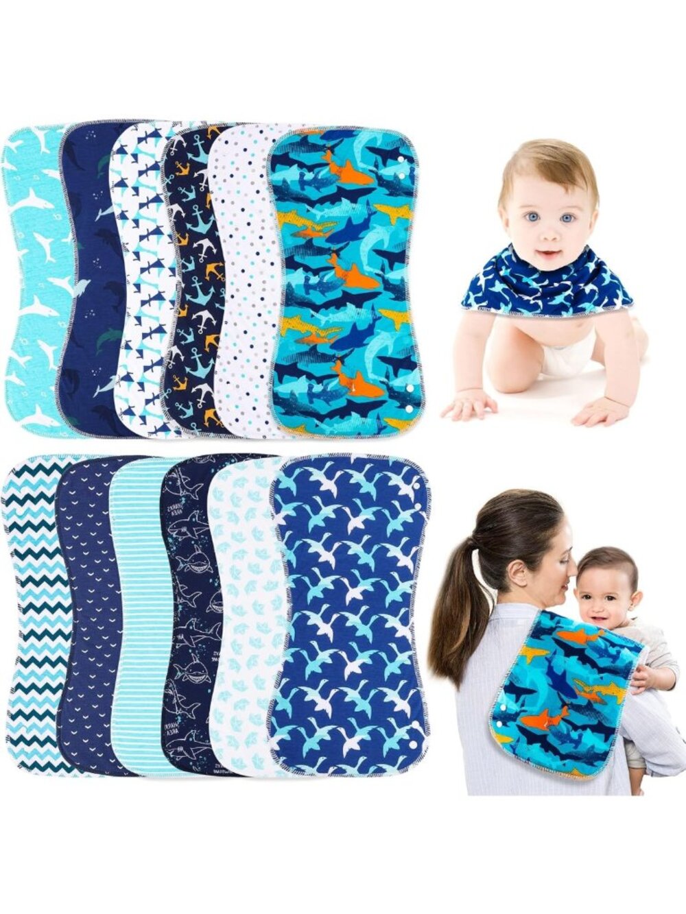 Large 12-Pack Baby Burp Cloths & Bibs Set - Super Absorbent, Soft, 3-Layer